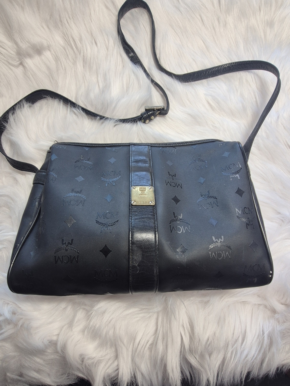 Vintage MCM Black Logo-print Leather Crossbody with Gold Plate